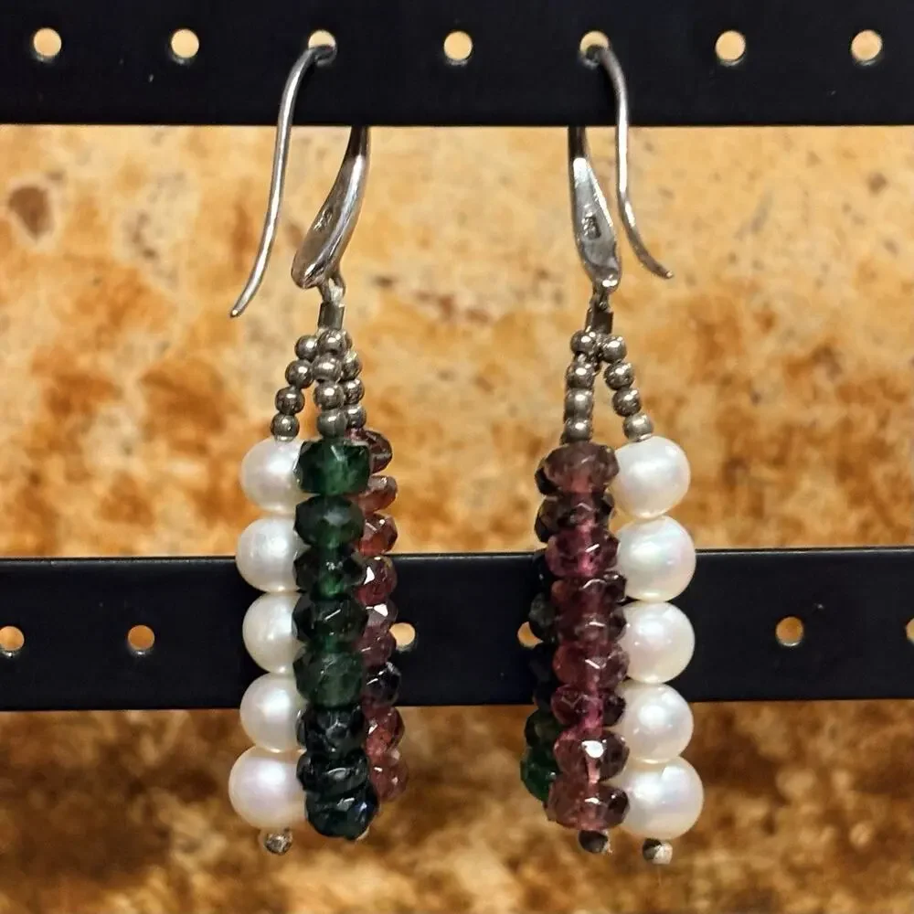 Sterling Silver Freshwater Pearl & Tourmaline Earrings Dangle Fishhooks Vintage